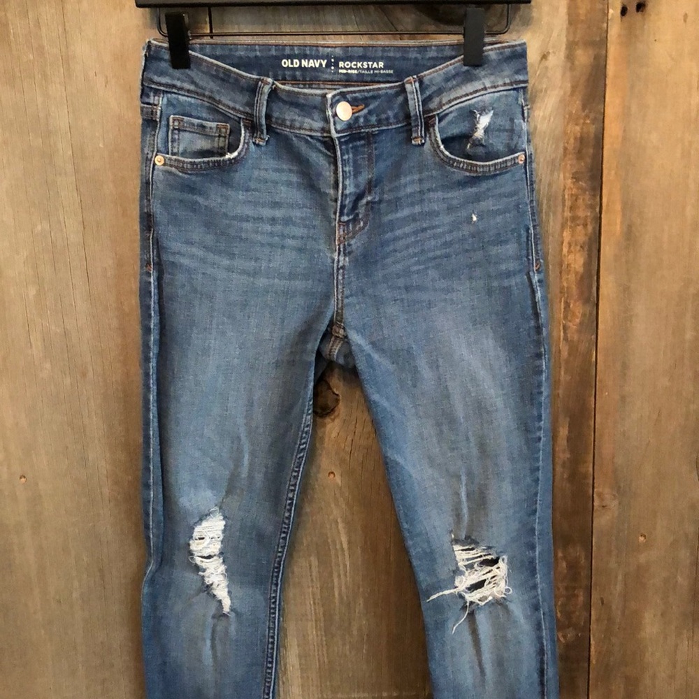 Old Navy Mid Rise Rockstar Distressed Blue Wash Denim Jeans Size 2 Women’s